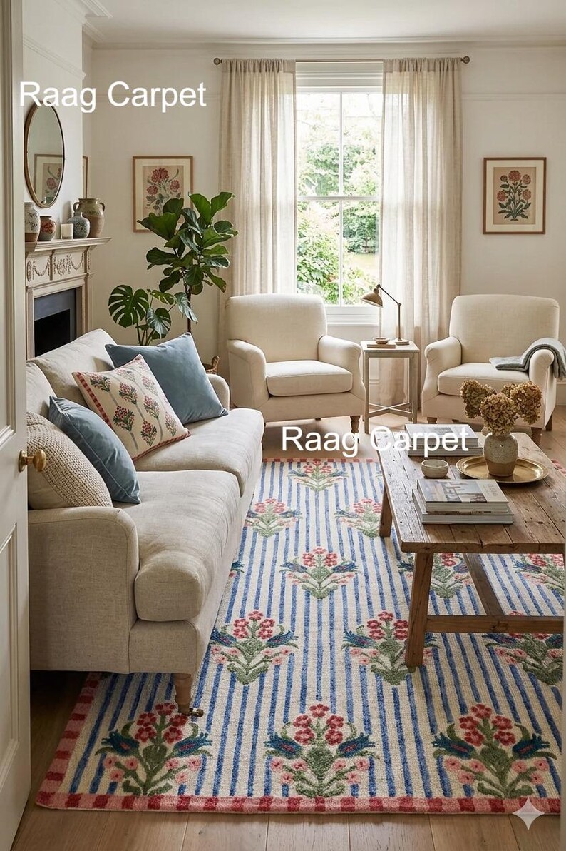 May include: A living room scene featuring a striped rug with floral patterns in red, green, and blue. The rug is placed in front of a beige sofa and two armchairs. The room has a neutral color palette with natural light.