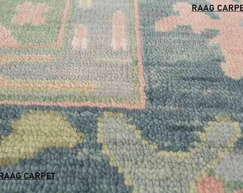 Hand knotted Oushak Style Wool Rug - Pastel Floral Area Rug in Sage Green, Cream & Blush Pink - Traditional Turkish Design for Living Room