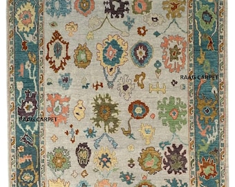 Alfombra Oushak de lana hecha a mano: Diseño floral moderno, lana de Nueva Zelanda