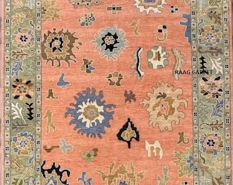 Handmade Persian Oushak Rug: New Zealand Wool, Modern Floral Design