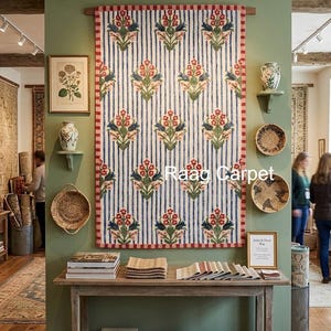 May include: A large, rectangular rug with a floral pattern hangs on a green wall. The rug features vertical blue stripes and floral motifs in red, blue, and green. The text "Raag Carpet" is visible on the rug. The room also displays other rugs, baskets, and framed art.