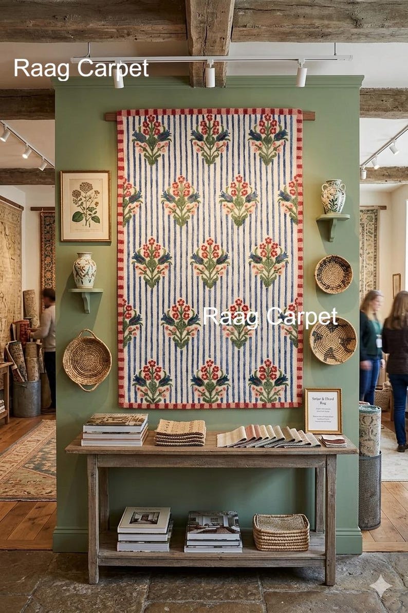 May include: A large, rectangular rug with a floral pattern hangs on a green wall. The rug features vertical blue stripes and floral motifs in red, blue, and green. The text "Raag Carpet" is visible on the rug. The room also displays other rugs, baskets, and framed art.