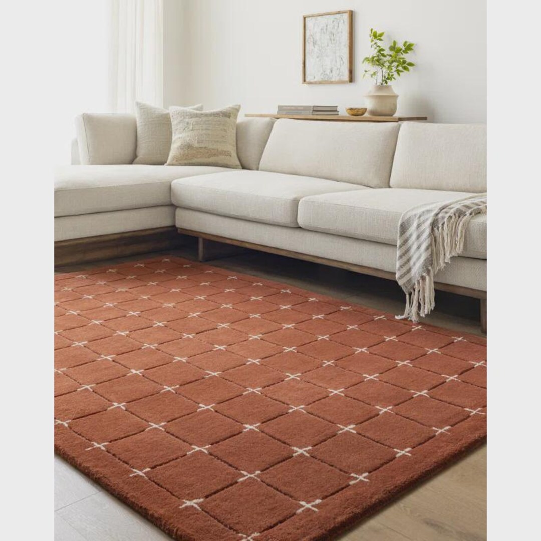 Rust Footprints Rug Modern Rust Grid Rug | Hand-tufted Wool | Minimalist Cross Stitch Area ...