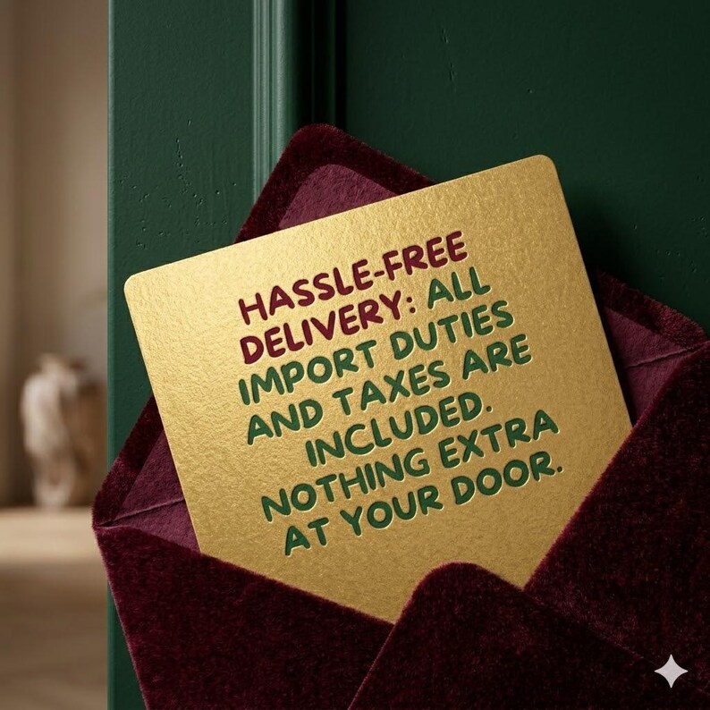 May include: A gold card with the text "HASSLE-FREE DELIVERY: ALL IMPORT DUTIES AND TAXES ARE INCLUDED. NOTHING EXTRA AT YOUR DOOR" is placed inside a burgundy velvet envelope, against a dark green background.