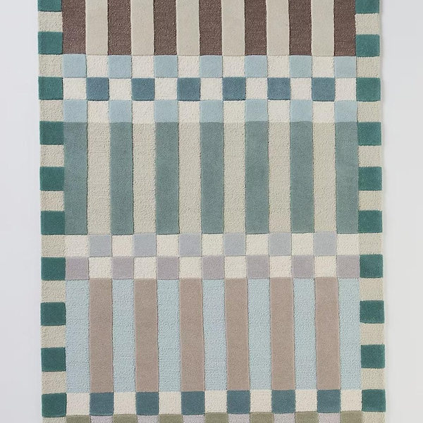 Hoxton Checkered Hand Tufted Wool Rug, Blue Green Woven Design