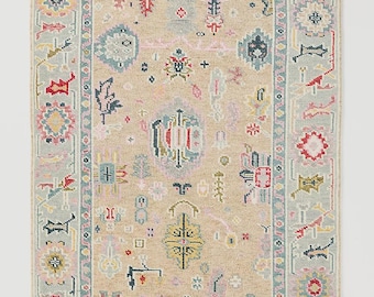 Alfombra estilo Oushak hecha a mano - Alfombra con medallones de inspiración vintage para sala de estar y dormitorio - Alfombra de lana beige y azul suave