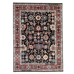 May include: Rectangular black area rug with a detailed floral pattern in shades of red, blue, and cream. The rug has a decorative border and is suitable for living rooms or bedrooms. The rug is made of durable materials.
