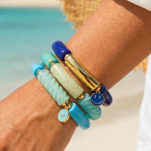 Blue Resin Beaded Bracelet Trio – Gold Accent Charm Set
