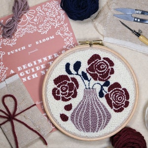 Beginner punch needle kit | Crafting Kit | Roses in Vase Floral Design | Full intructions and Punch Needle Guide Included