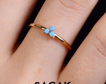 Alianza de boda turquesa de 3 piedras de oro de 14 k, anillo turquesa de eternidad completa de oro macizo para mujer, anillo turquesa simple - anillo de oro minimalista