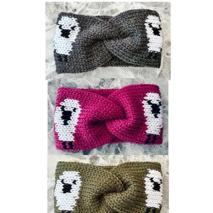 May include: Three knitted headbands with a twist front, each featuring a repeating white sheep pattern with black details. The headbands come in dark gray, magenta, and olive green. The text reads Sally's Sheepy Headband, Sentro 32 Circular Knitting Machine, Intermediate.