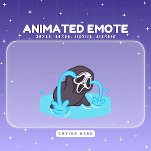 May include: Animated emote featuring a cartoon character in a black robe and white mask, crying blue tears. The text "ANIMATED EMOTE" is at the top, with size specifications. The phrase "CRYING HARD" is at the bottom, all on a purple background.