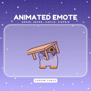 May include: An animated emote featuring a cartoon pigeon throwing a table. The pigeon is purple and gray with orange feet, and the table is brown. Text at the top reads "ANIMATED EMOTE" with size dimensions. The text "THROW TABLE" is at the bottom.