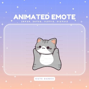 May include: Animated emote featuring a gray cartoon cat with a white belly, waving its paws. The text "ANIMATED EMOTE" is at the top, with size specifications. The words "CUTE DANCE" are at the bottom. The background is a gradient of blue and orange.