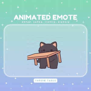 Może przedstawiać: Animowana emotka przedstawiająca czarnego kota rzucającego małym drewnianym stołem. Obraz zawiera tekst "ANIMATED EMOTE" i "THROW TABLE". Tło to gradient niebieskiego i zielonego z białymi gwiazdami.