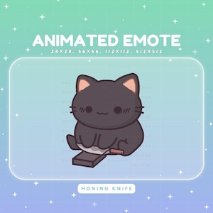 Puede incluir: Emoticón animado con un gato negro con orejas rosas, sosteniendo una chaira. El texto "ANIMATED EMOTE" está en la parte superior, con especificaciones de tamaño. Las palabras "HONING KNIFE" están en la parte inferior, sobre un fondo degradado.