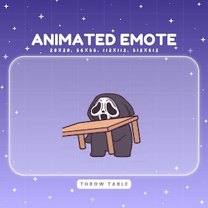 Può includere: Emoticon animata con un personaggio dei cartoni animati in abito nero e maschera, che lancia un tavolo di legno. L'immagine include il testo "ANIMATED EMOTE" e "THROW TABLE" su uno sfondo viola con stelle.