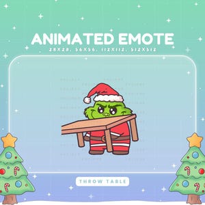 Könnte beinhalten: Animierter Emote mit einem grünen Charakter in einem Weihnachtsmannhut und rotem Anzug, der einen Tisch wirft. Der Text "ANIMATED EMOTE" und "THROW TABLE" sind zu sehen. Der Hintergrund ist ein Farbverlauf aus Blau und Grün mit Sternen und Weihnachtsbäumen.