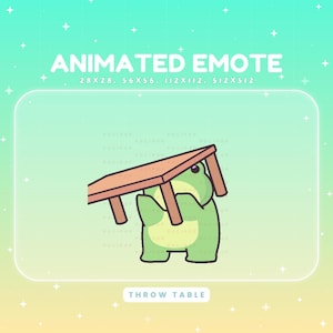 Może przedstawiać: Animowana emotka przedstawiająca zieloną żabę podnoszącą brązowy stół. U góry znajduje się tekst "ANIMATED EMOTE" z podanymi rozmiarami. Na dole widnieje napis "THROW TABLE". Tło to gradient turkusu i żółci.