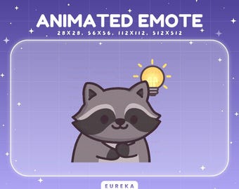 May include: An animated emote featuring a cartoon raccoon with a lightbulb above its head, set against a purple background with stars. The text "ANIMATED EMOTE" is at the top, with size specifications below. The word "EUREKA" is at the bottom.