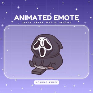 Puede incluir: Un emote animado con una versión de dibujos animados del personaje de la máscara de Ghostface de las películas de Scream. El personaje sostiene un cuchillo y está sentado en una chaira. El texto "ANIMATED EMOTE" y las dimensiones están en la parte superior.
