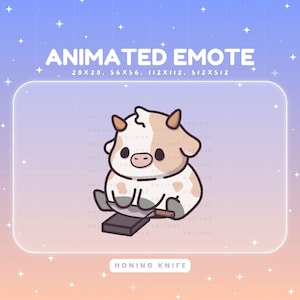 Op de afbeelding: Een geanimeerde emote met een cartoon koe met bruine en witte vlekken, die een mes slijpt. De afbeelding bevat de tekst "ANIMATED EMOTE" en maatspecificaties. De onderkant van de afbeelding luidt "HONING KNIFE".