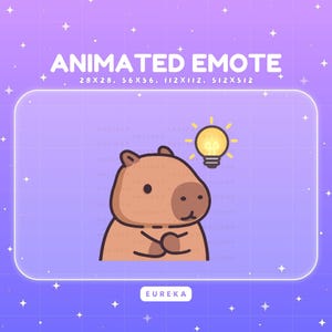 May include: An animated emote featuring a cartoon capybara with crossed arms and a lightbulb above its head, set against a purple background with stars. The text "ANIMATED EMOTE" and size dimensions are displayed at the top, with "EUREKA" at the bottom.
