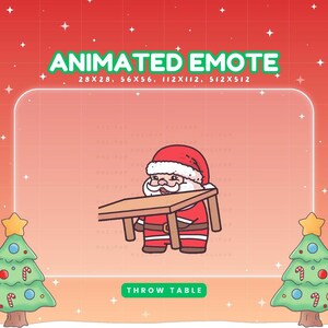 Könnte beinhalten: Animierter Emote mit Weihnachtsmann in rotem Anzug und Mütze, der einen Holztisch trägt. Das Bild enthält den Text "ANIMATED EMOTE" und "THROW TABLE". Illustrationen von Weihnachtsbäumen umrahmen das zentrale Bild, vor einem roten und orangen Hintergrund.