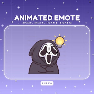 Puede incluir: Emoticón animado con una versión de dibujos animados de la máscara de Ghostface de las películas Scream. El personaje lleva una capucha negra y tiene una bombilla encima de la cabeza, sugiriendo una idea. El texto "ANIMATED EMOTE" está en la parte superior.