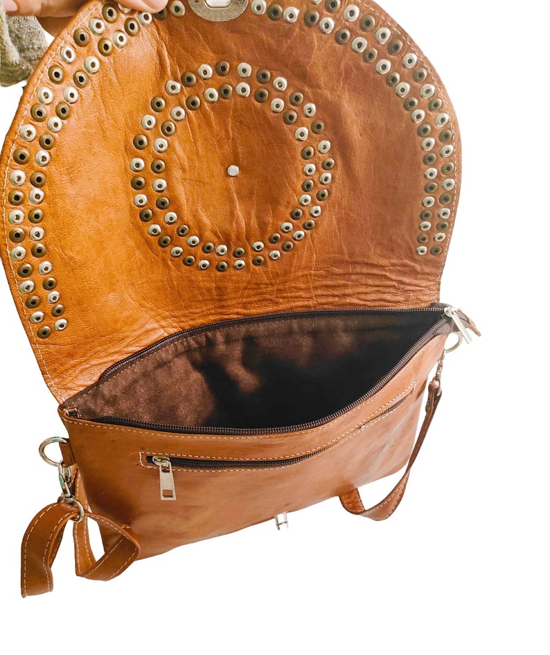 CROSSBODY BAG, handmade, brown color, with rhinestones and rivets image 5
