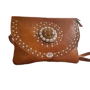 CROSSBODY BAG, handmade, brown color, with rhinestones and rivets image 2