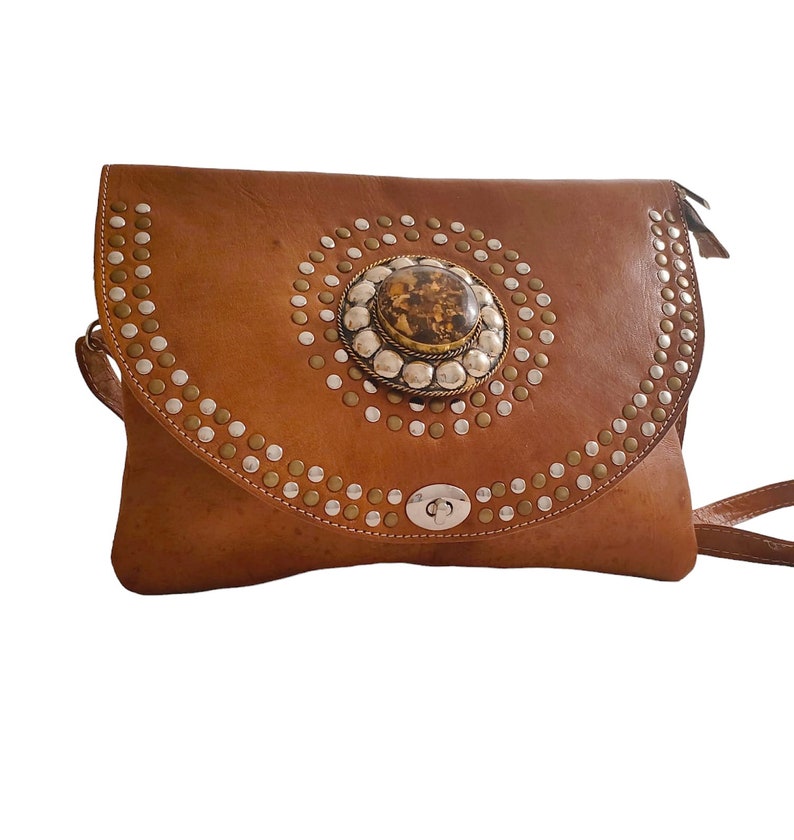 CROSSBODY BAG, handmade, brown color, with rhinestones and rivets image 2