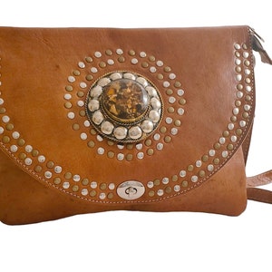 CROSSBODY BAG, handmade, brown color, with rhinestones and rivets image 1