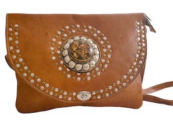 CROSSBODY BAG, handmade, brown color, with rhinestones and rivets