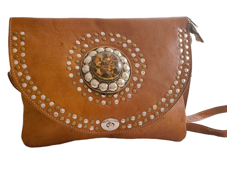 CROSSBODY BAG, handmade, brown color, with rhinestones and rivets image 1