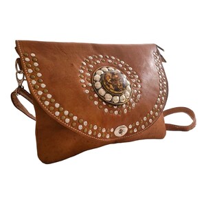 CROSSBODY BAG, handmade, brown color, with rhinestones and rivets image 3