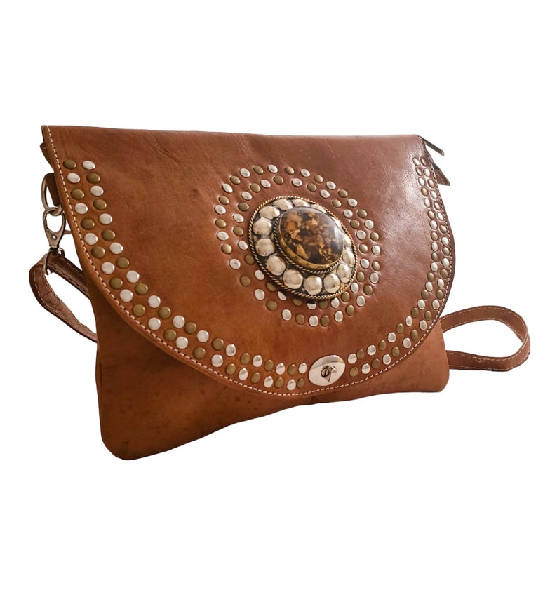 CROSSBODY BAG, handmade, brown color, with rhinestones and rivets image 3