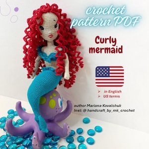 Crochet mermaid doll pattern PDF, crochet doll, red hair sea girl, gift for child, summer amigurumi mermaid.