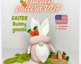 Easter bunny gnome crochet pattern PDF, cute carrot gnome, pink easter decor, Easter basket stuffers peeps