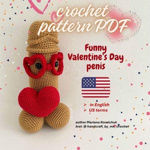 Grappig Valentijnsdag haakpatroon penis pdf sexy knuffel voor volwassenen als cadeau, ondeugende gehaakte lul, romantische wiwi, penis met hart