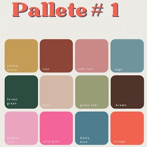May include: FIMO Colour Pallete #1, a chart of 12 different colors, including yellow ochre, rust, soft rust, sage, forest green, latte, green kaki, brown, bubble gum, tulip pink, dusty blue, and orange.
