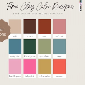 May include: A colour chart titled Fimo Clay Colour Recipes featuring 12 distinct colour swatches labelled latte, brown, rust, soft rust, dusty blue, forest green, green kaki, sage, bubble gum, tulip pink, yellow ochre, and orange on a light background.