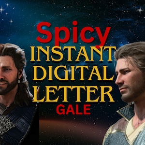 Könnte beinhalten: Digitales Kunstwerk mit zwei Porträts eines Mannes mit langen, welligen Haaren und Bart. Der Text "Spicy Instant Digital Letter Gale" ist rot und gold vor einem Sternenhintergrund.
