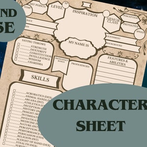 May include: A beige character sheet for Dungeons & Dragons 5th Edition. The sheet includes sections for skills, saving throws, and character information. The words "Character Sheet" are prominently displayed.