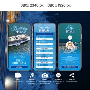 Geburtstags-Kreuzfahrt-Einladungsvorlage, digitale Kreuzfahrt-Einladungsvorlage, Video-Reiseplan, Geburtstag einladen, Karneval-Kreuzfahrt, animierte Party