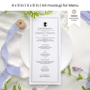 Bridgerton Menü Vorlage, Lady Whistledown Society Papers inspiriert, problemloses Custom Design, bedruckbar, Brautdusche Tea Party Hochzeit