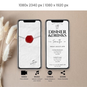 Verjaardagsuitnodiging diner, verjaardag digitaal diner en drankjes sjabloon, minimalistische video-uitnodiging, bewerkbare moderne feestuitnodiging reisplan