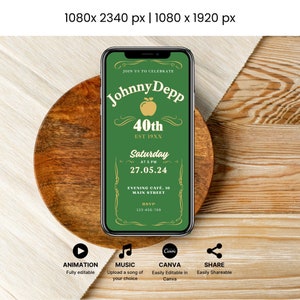 Whiskey Birthday Digital Invitation, Editable Jack Apple Birthday Mobile Invite, Adult 30th 40th 50th 60th 70th, Instant Download, Template