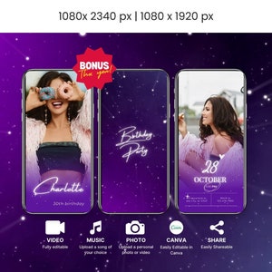Editable Purple Birthday Party Invitation Template Digital Animated Video Invite Phone Evite with Purple Stars Instant Download, 2024