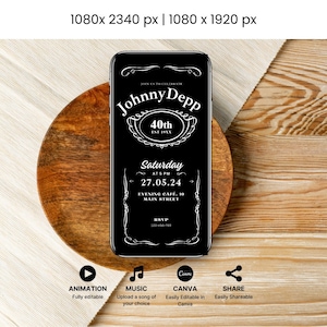 Whiskey Birthday Digital Invitation, Editable Men&#39;s Jack Birthday Mobile Invite, Adult 30th 40th 50th 60th 70th Template, Instant Download
